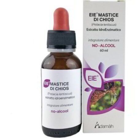 Confezione di integratore di Mastice di Chios in flacone da 60 ml su sfondo bianco.