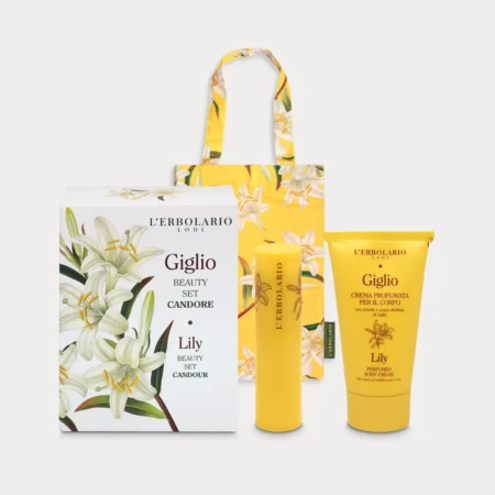 Beauty Set Candore Giglio L'Erbolario con profumo solido crema corpo e shopper floreale