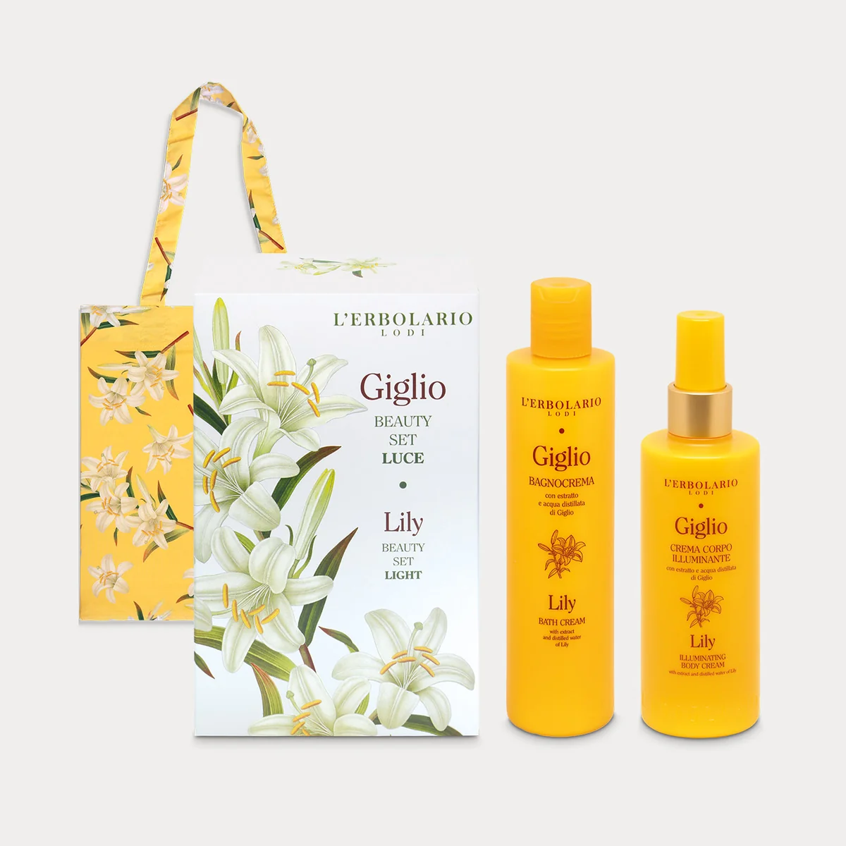 Beauty Set Luce Giglio L'Erbolario con bagnocrema crema corpo illuminante e shopper floreale