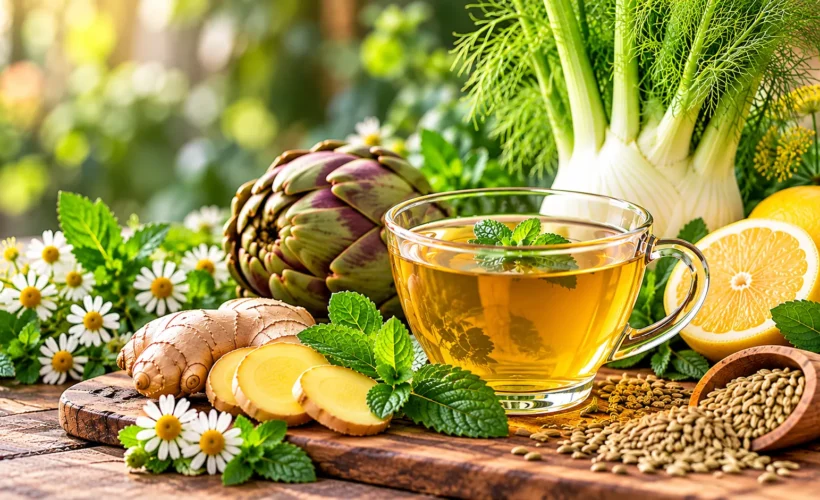 Tisana digestiva con finocchio, zenzero, carciofo, camomilla e menta